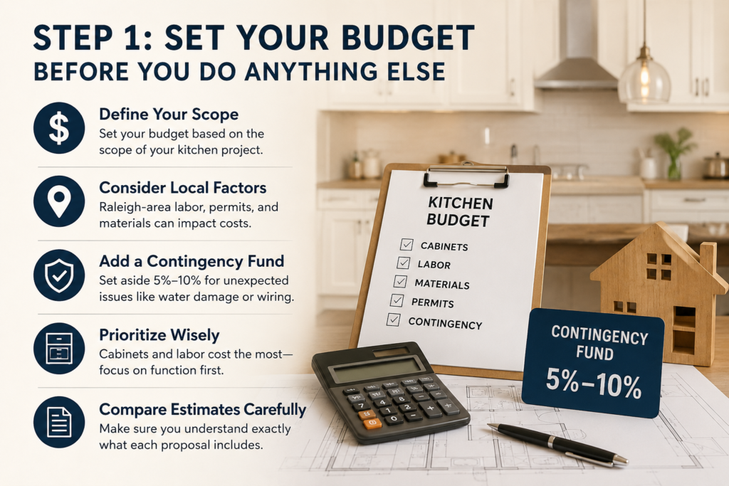 Kitchen remodeling budget planning infographic with budgeting tips, contingency fund, cost estimates, and project planning.