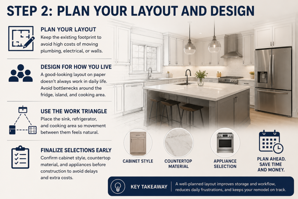 Kitchen layout and design planning infographic showing workflow, work triangle, cabinet selection, and remodeling tips.