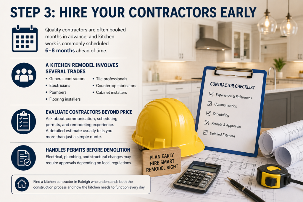 Kitchen remodeling contractor hiring infographic with contractor checklist, permits, scheduling, and planning tips.