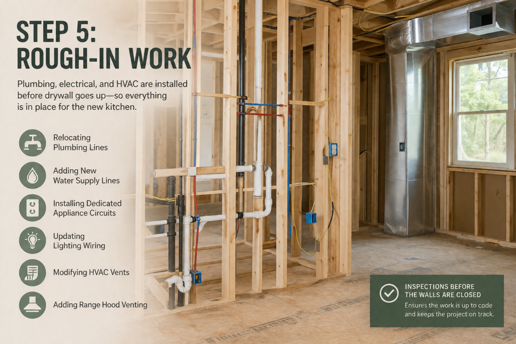 Kitchen rough-in work infographic showing plumbing, electrical, HVAC installation, inspections, and remodeling preparation.