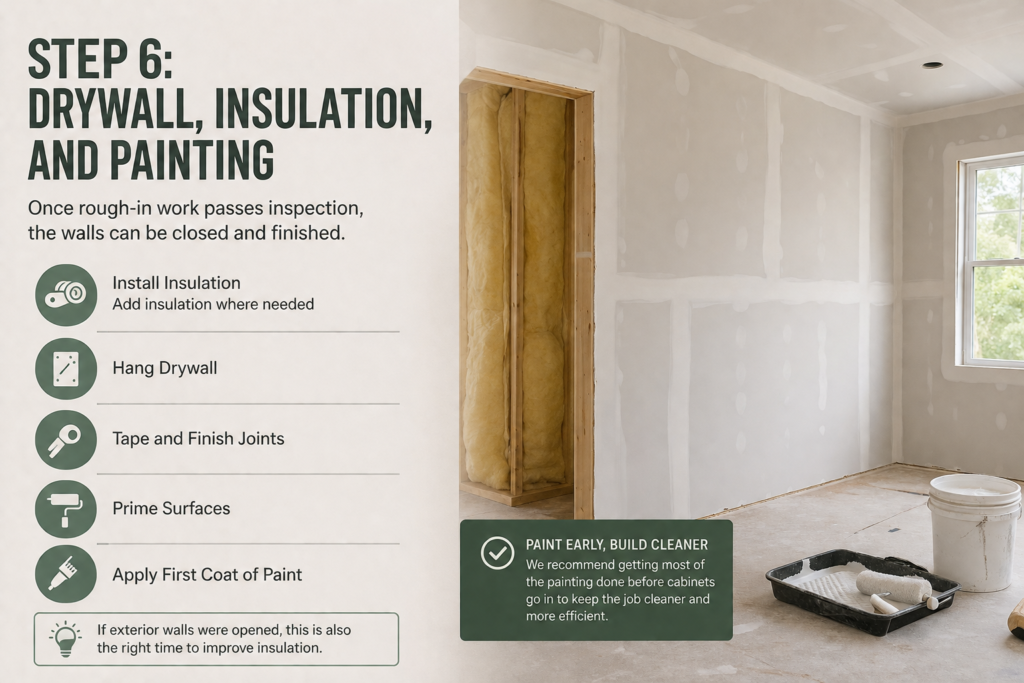 Kitchen drywall, insulation, and painting infographic showing wall finishing, priming, and paint preparation steps.