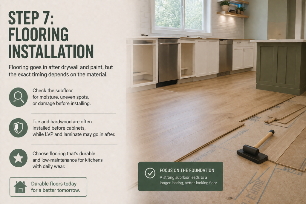 Kitchen flooring installation infographic showing subfloor preparation, flooring types, and durable floor installation tips.