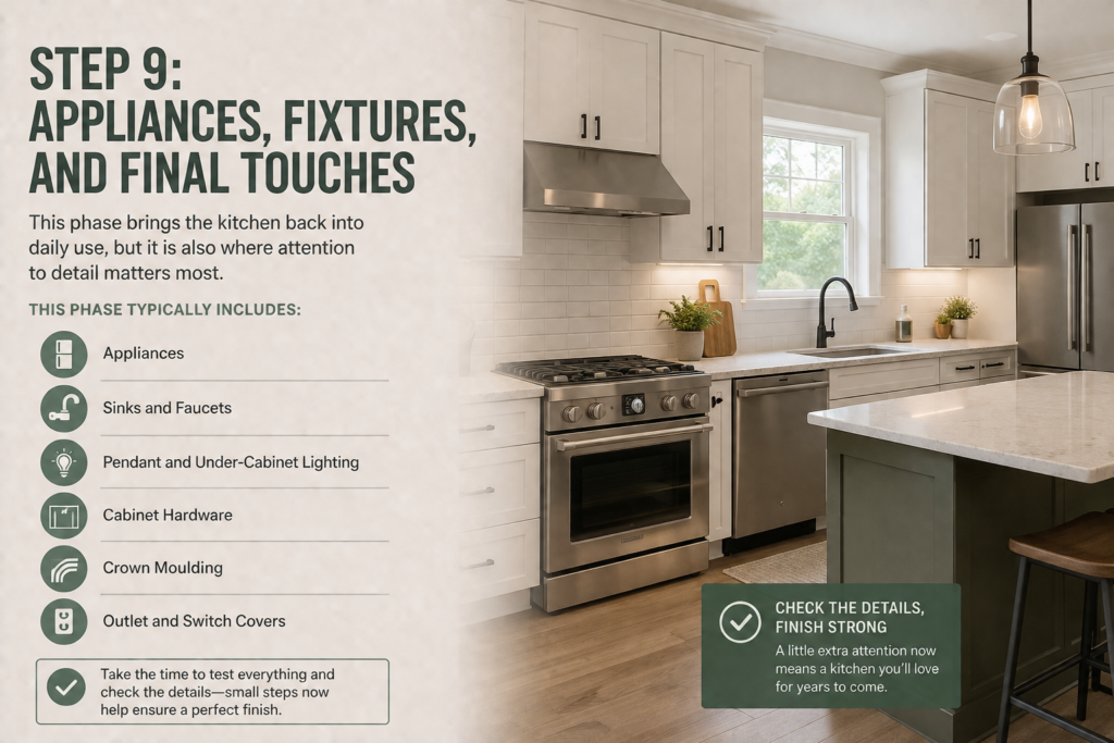 Kitchen remodeling infographic showing appliance installation, fixtures, lighting, hardware, and final finishing touches.