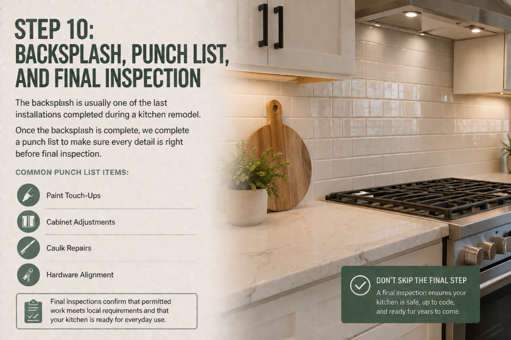 Step 10 of a kitchen remodel showing backsplash installation, punch list completion, and final inspection in a finished kitchen.