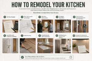Kitchen remodeling infographic showing the 10-step process from budgeting and design to installation and final inspection.