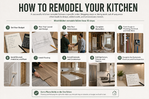 Kitchen remodeling infographic showing the 10-step process from budgeting and design to installation and final inspection.
